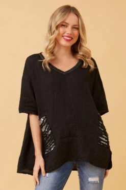 PAM SEQUIN PATCH LINEN TOP -Femme Connection Sales 125d3147b4d92069188ccf778c3aed5d