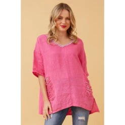 PAM SEQUIN PATCH LINEN TOP -Femme Connection Sales 2447e748d17d2aea79a766972dc91f8d