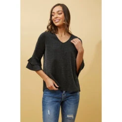 TAZIM DOUBLE FRILL SLEEVE RIBBED GLITTER TOP -Femme Connection Sales 286561c494eb28512a1cf0d943c3d809