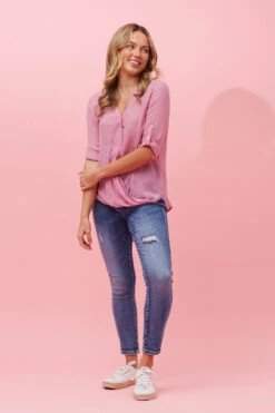 AMITY ROLL UP SLEEVE DRAPE TOP -Femme Connection Sales 34eb6413f2f050d36fe99b8757a6d800