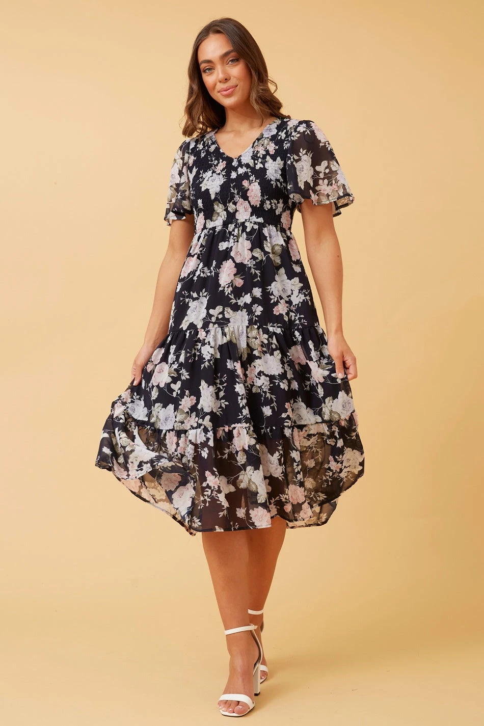 MARSHA FLORAL SHIRRED MIDI DRESS 6 MARSHA FLORAL SHIRRED MIDI DRESS - Image 4