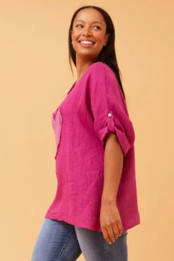 ZONYA SEQUIN PATCH LINEN TOP -Femme Connection Sales 3b62120eb6618908ce516e4405fa9387