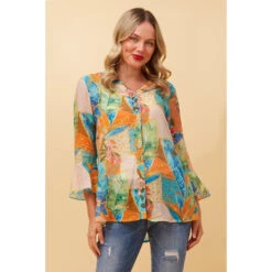 CHARLOTTE ABSTRACT PRINT BUTTON FRONT TOP -Femme Connection Sales 49c49d8491f63b59ff37ab1cdd88c5ca