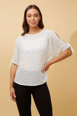 COLD SHOULDER FOIL PRINT BLOUSE -Femme Connection Sales 4c4e2f2c9ee6449beb7b8dac72c52ef3