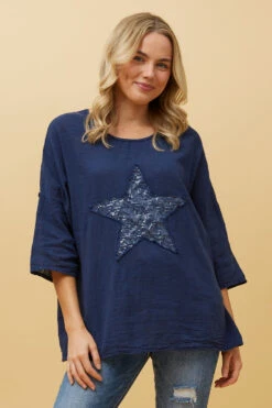 ZONYA SEQUIN STAR PATCH TOP -Femme Connection Sales 6450100de0097b56354be38ea8b2a6a9
