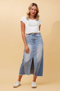 LIZBETH DENIM MIDI SKIRT -Femme Connection Sales 7251c0708168cf758e5a193aecfd7c62