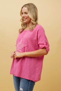 ZONYA SEQUIN STAR PATCH TOP -Femme Connection Sales 77bca70959b50dffc4d6e5b2aac2ee27