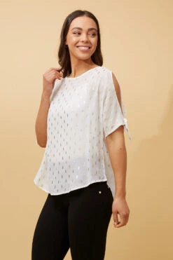 COLD SHOULDER FOIL PRINT BLOUSE -Femme Connection Sales 79379164c0eebe1381c7d45b66c51686