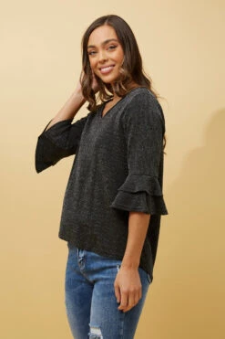 TAZIM DOUBLE FRILL SLEEVE RIBBED GLITTER TOP -Femme Connection Sales 81f237818e84050883ad7e5aba2b84f9