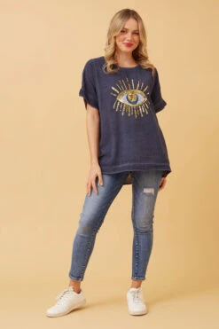 JULINA EVIL EYE LINEN TOP