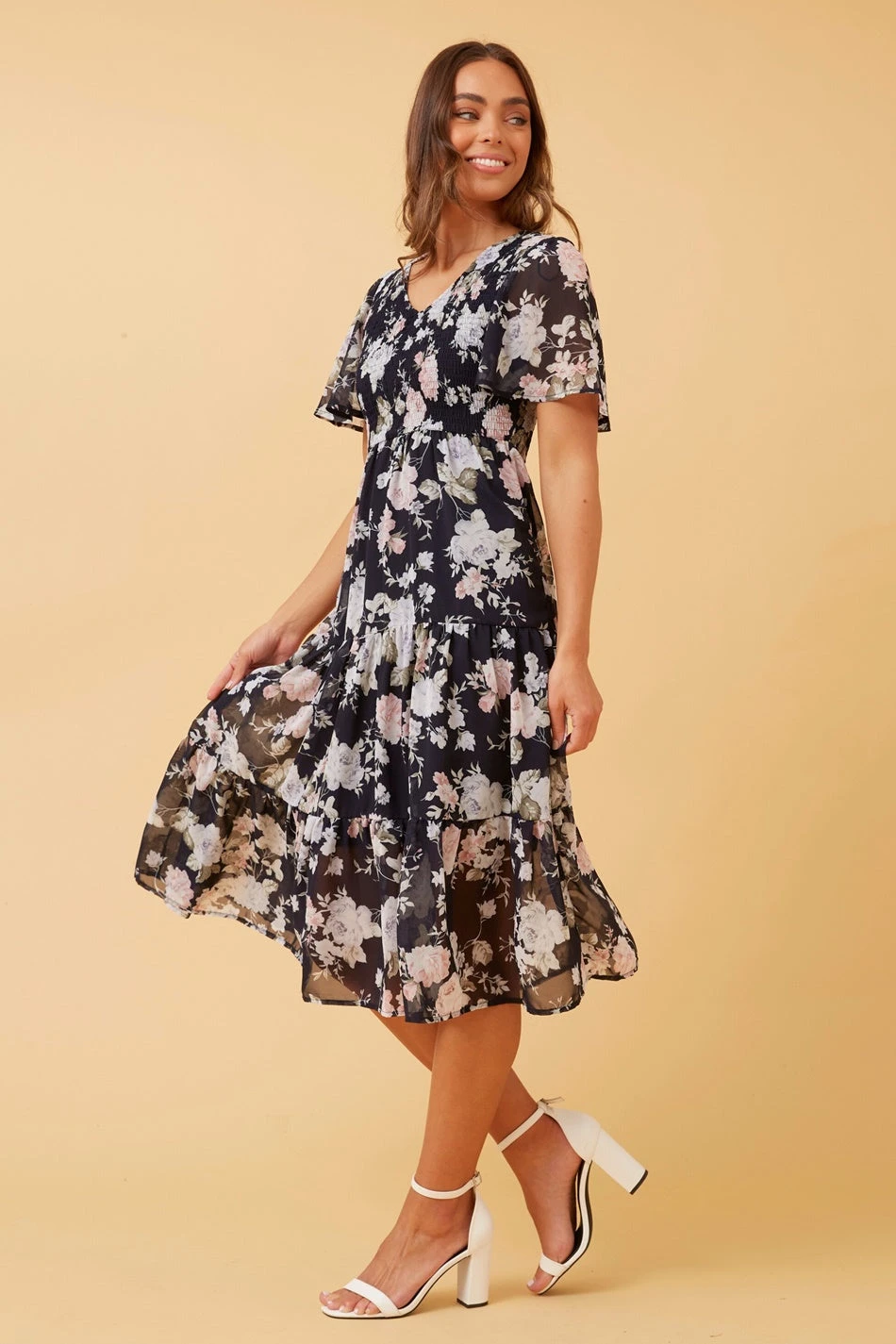 MARSHA FLORAL SHIRRED MIDI DRESS 4 MARSHA FLORAL SHIRRED MIDI DRESS - Image 2