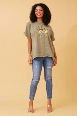 JULINA EVIL EYE LINEN TOP -Femme Connection Sales 93636c2a322b010874da85129a938ffe