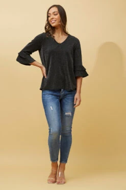 TAZIM DOUBLE FRILL SLEEVE RIBBED GLITTER TOP -Femme Connection Sales 9e12512debe4ace12af5f552e1a0970f