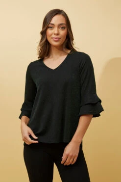 TAZIM DOUBLE FRILL SLEEVE RIBBED GLITTER TOP -Femme Connection Sales a9296ca668699fedf25de7f9de776d50