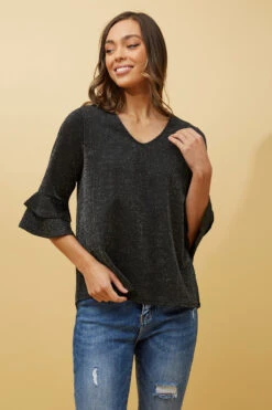 TAZIM DOUBLE FRILL SLEEVE RIBBED GLITTER TOP -Femme Connection Sales ab3e6c4795931d91a590b3dde9294ffe
