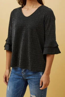 TAZIM DOUBLE FRILL SLEEVE RIBBED GLITTER TOP -Femme Connection Sales b9e924e260801cbfdc9c5e11db0e6009