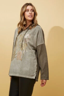 SONATA FOIL PRINT HOODED TOP -Femme Connection Sales c5be00b684e0ac259b9dc9b526813ffa