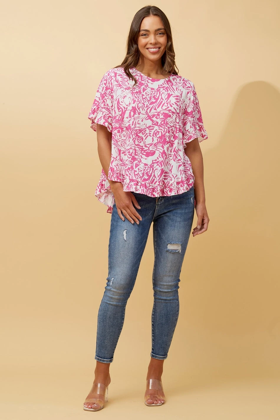 FRILA ABSTRACT PRINT FRILL DETAIL TOP 3 FRILA ABSTRACT PRINT FRILL DETAIL TOP