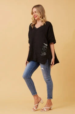 PAM SEQUIN PATCH LINEN TOP -Femme Connection Sales ee44354d8ddc213a64b3014b11069e2a