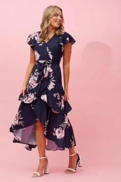 DENVER FLORAL RUFFLE HEM HI LOW DRESS -Femme Connection Sales ef4458ed84e1df5d51f3269baeacb737